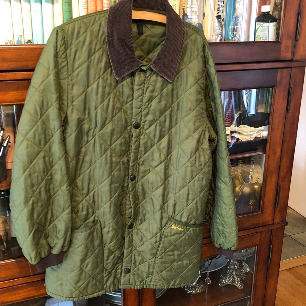 Barbour Olive Green made in England with Brown Corduroy Collar